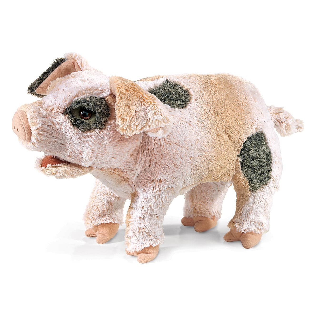 Folkmanis hand puppet grunting pig in pink with grey spots, open mouth, standing in side view