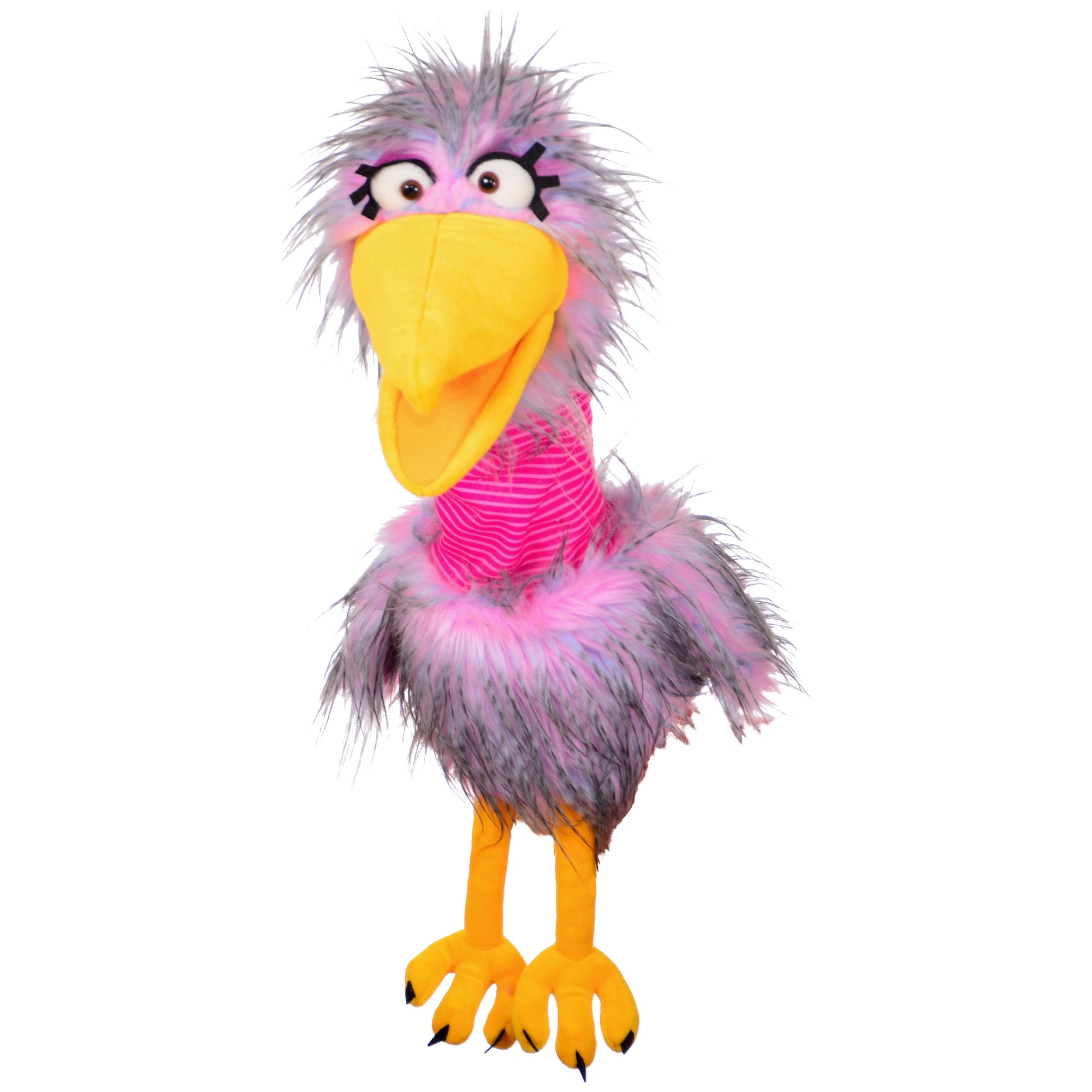 Living Puppets hand puppet Madame Quassel-Schlamassel, grey and pink bird with a yellow beak, pink ringed neck and yellow feet, front view