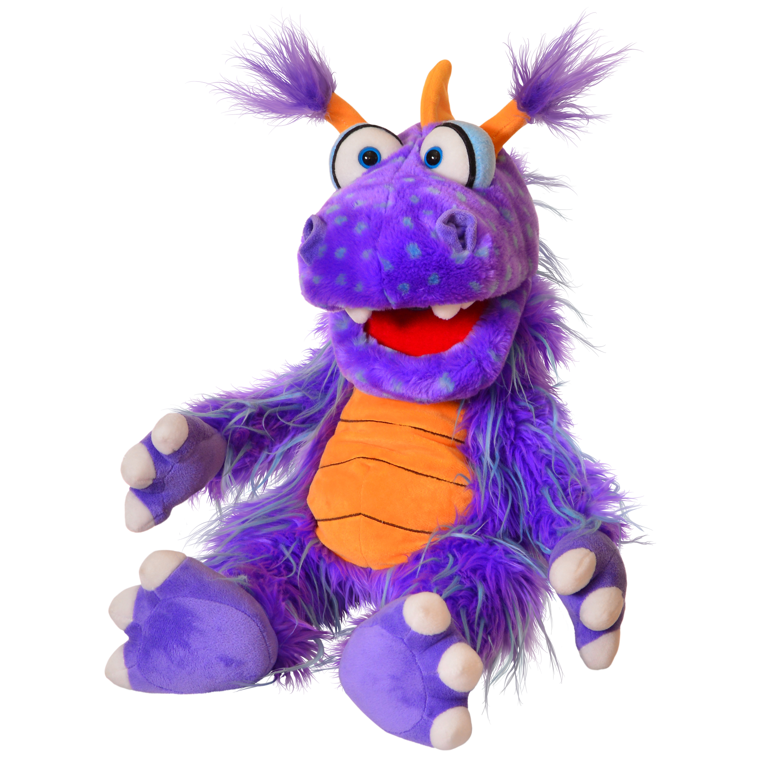 Living Puppets Ratschepü the Dragon hand puppet at a three-quarter angle, seated with bent arms, shaggy purple fur and blue googly eyes