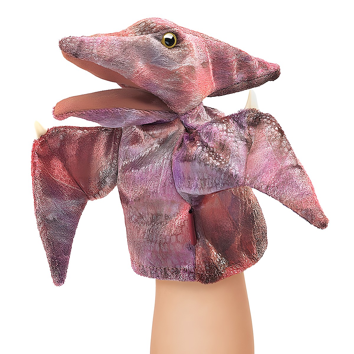 Folkmanis small Pteranodon hand puppet in red-violet textured plush with wings spread, shown on hand