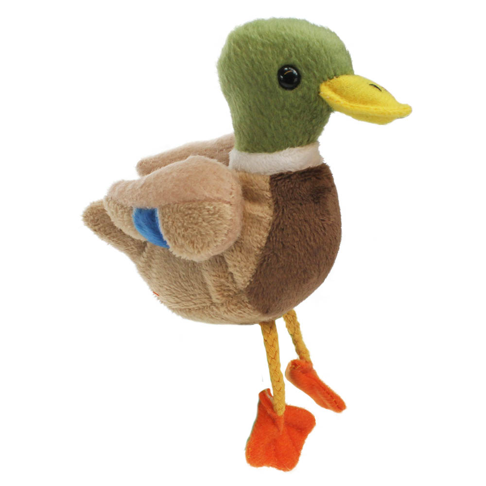 The Puppet Company finger puppet mallard duck, drake with a green head, brown plumage and long fabric legs
