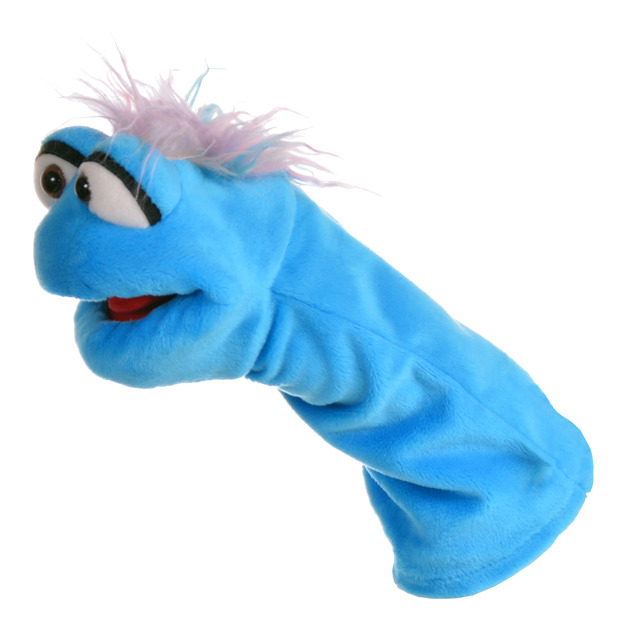 Living Puppets sock puppet Büffelchen, light blue with a pink tuft of hair, side view