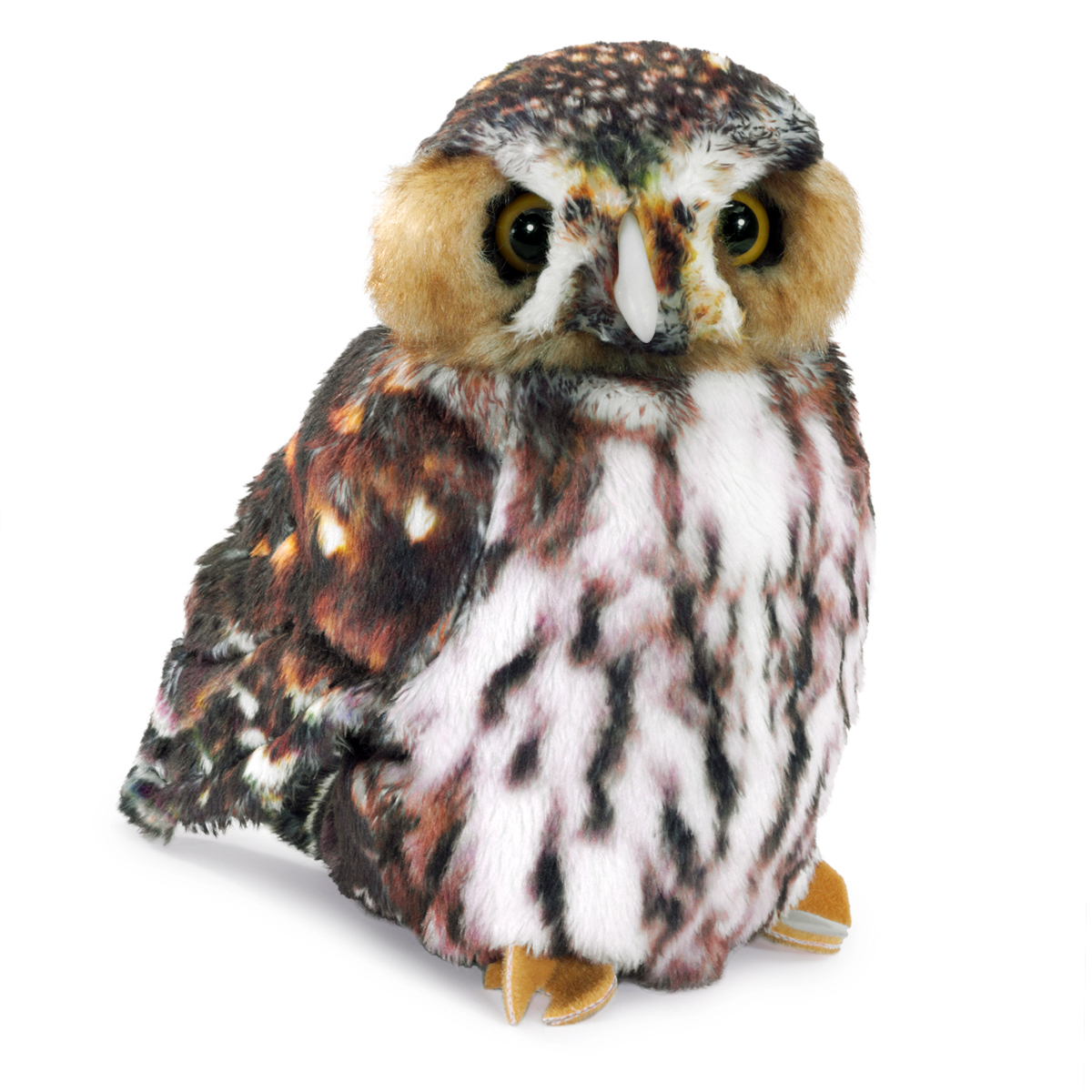 Folkmanis pygmy owl hand puppet with brown-and-white speckled plush plumage, yellow eyes and orange talons, front view
