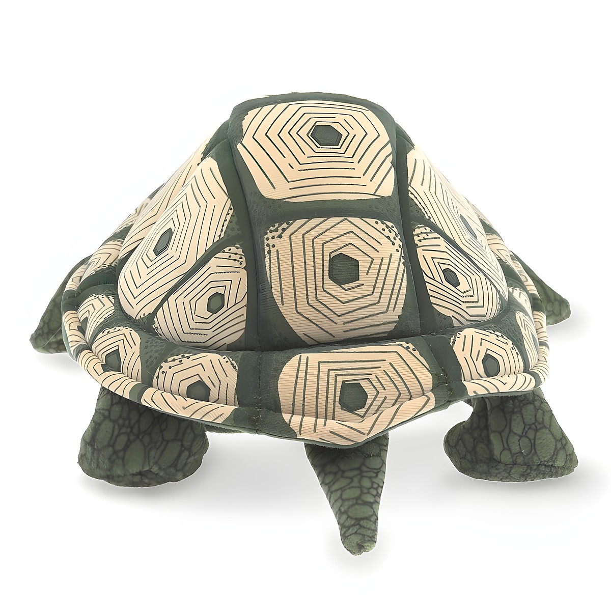 Folkmanis tortoise hand puppet with a detailed patterned shell in dark green and beige, front view