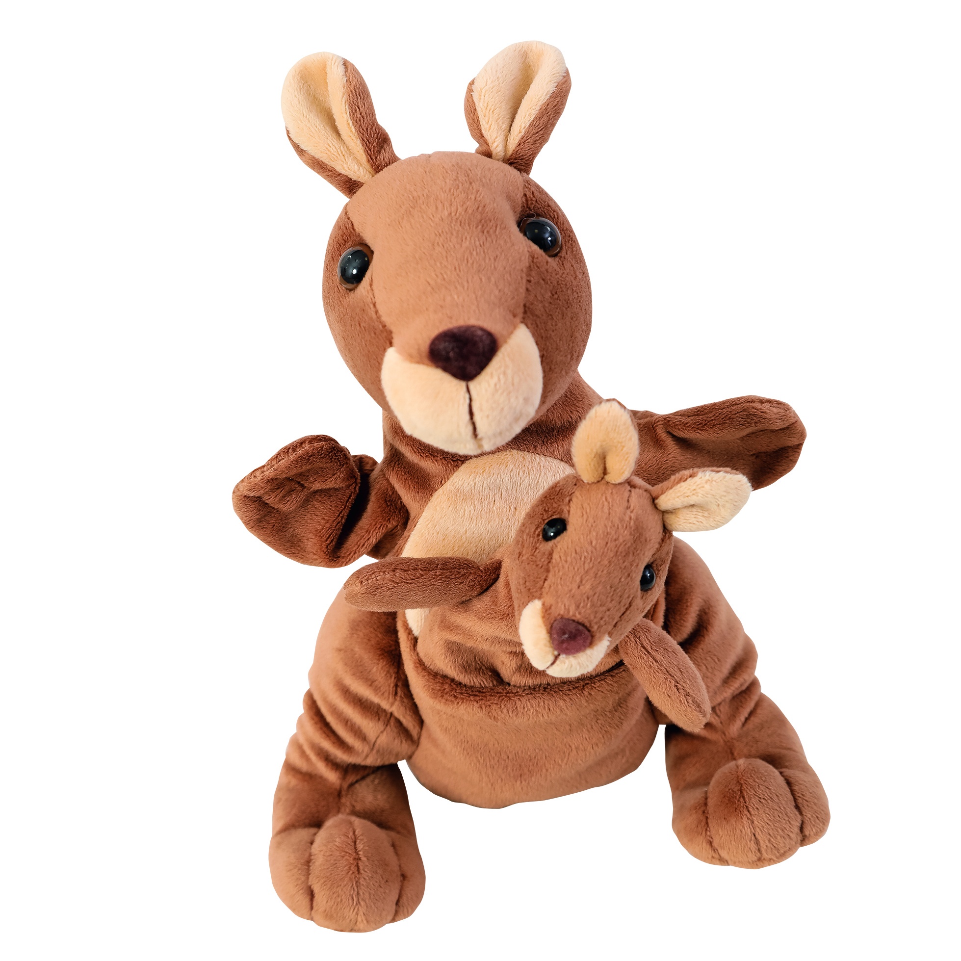 Beleduc story hand puppet kangaroo Kanga with finger puppet Juju, brown kangaroo hand puppet with a joey in the pouch
