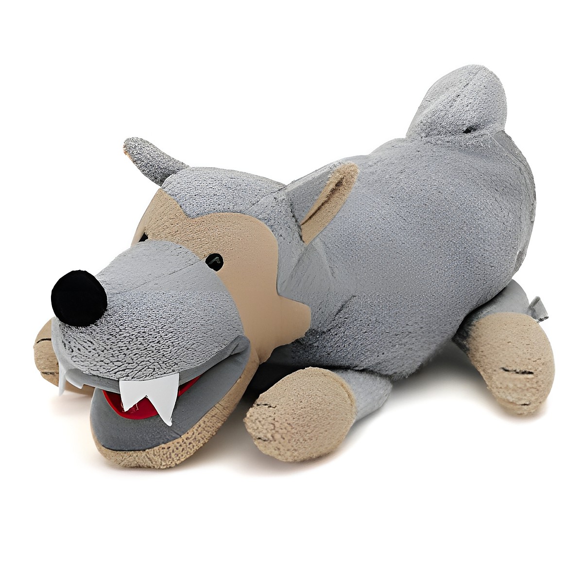 Sterntaler baby hand puppet wolf, lying pose with grey fur, a beige muzzle and sharp white teeth