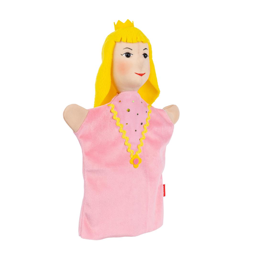 Princess hand puppet by munabo, front view with long yellow hair and a small gold crown.