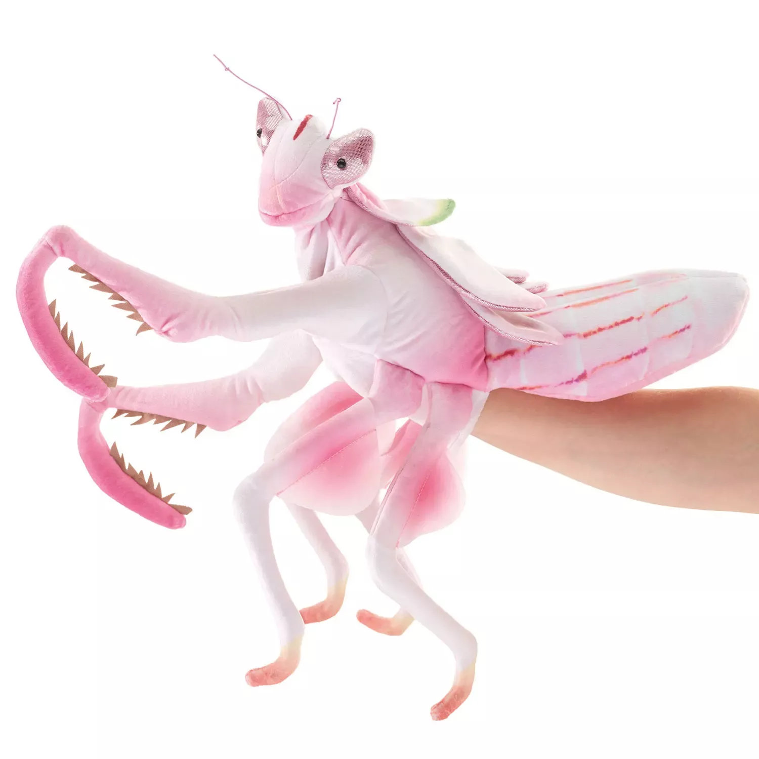 Folkmanis hand puppet orchid mantis in pink and white with serrated forelegs and wings, worn on a hand