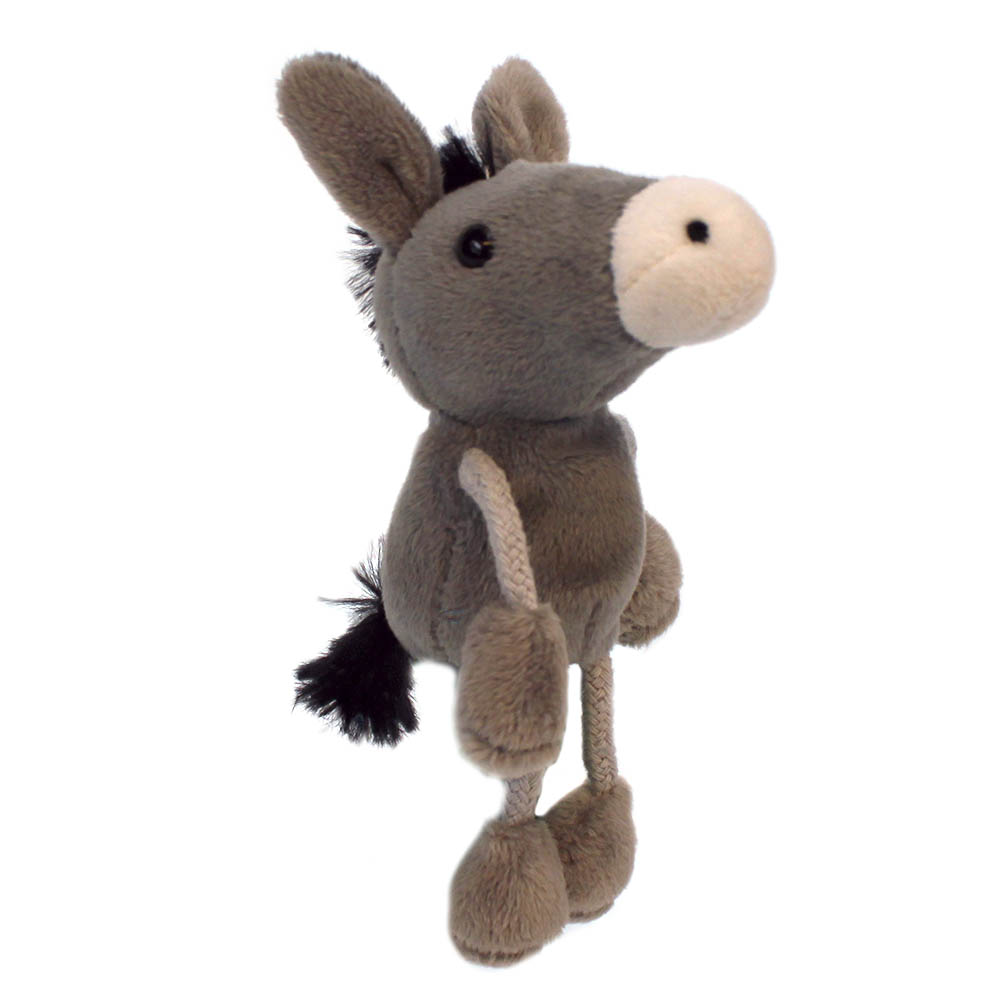 The Puppet Company finger puppet donkey, grey donkey with a dark mane and tail, side view