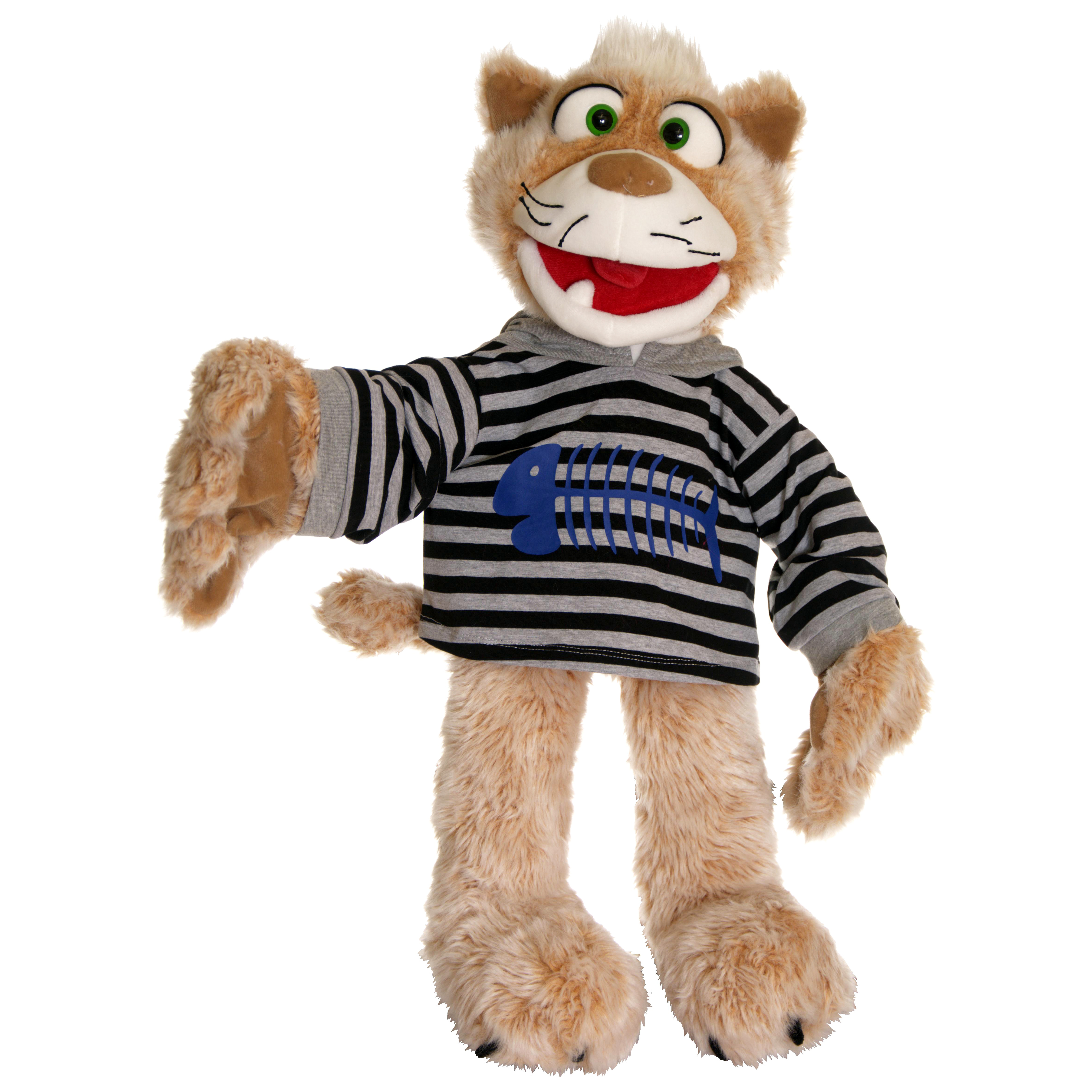 Living Puppets hand puppet cat Wisky in a grey and black striped hoodie with a blue fishbone motif, standing with one paw raised