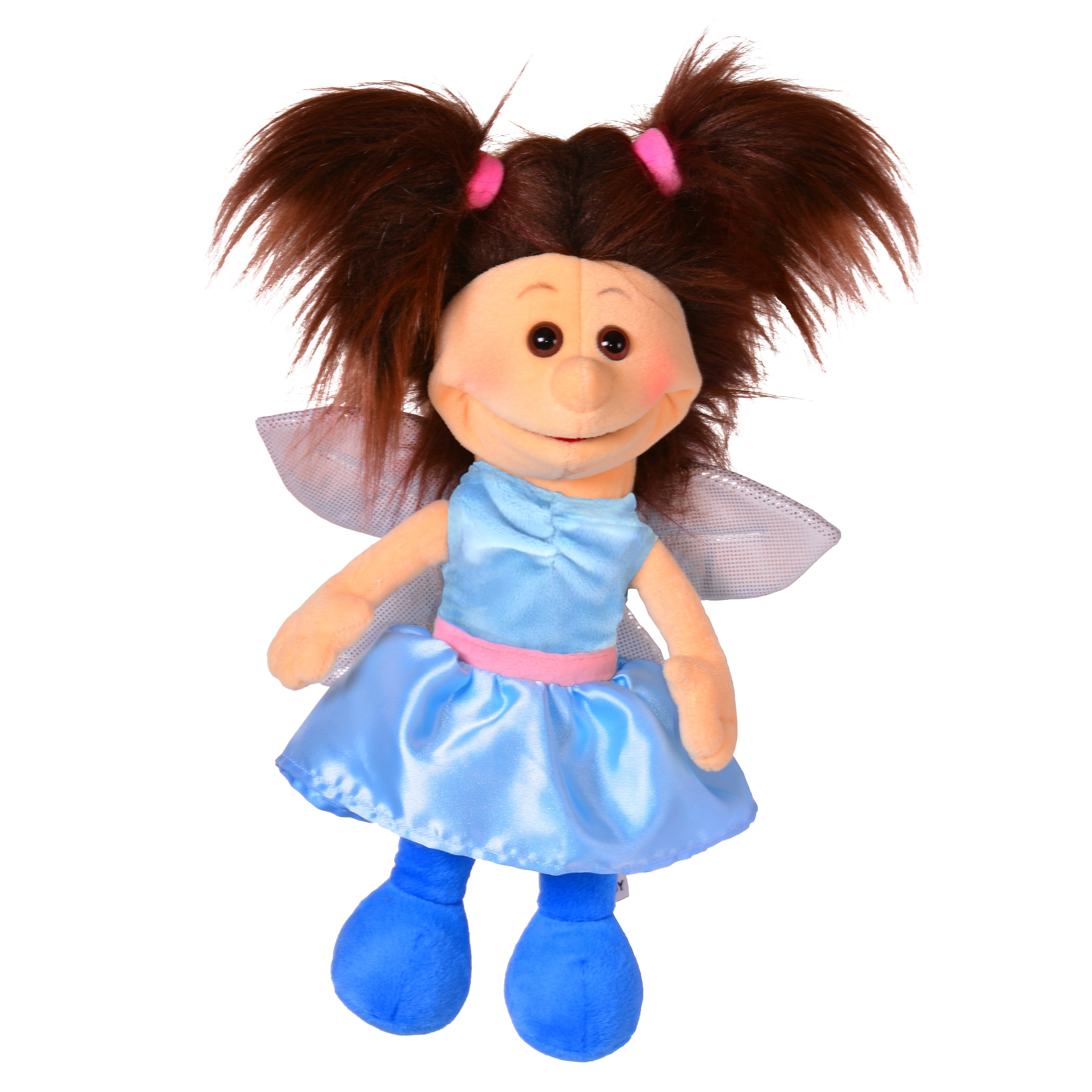 Living Puppets hand puppet Mailinchen the fairy with brown pigtails, light blue satin dress with a pink belt, translucent wings and blue shoes