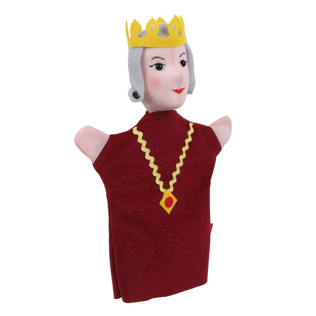 Queen hand puppet by munabo, turned to the side with rosy cheeks and red-painted lips.