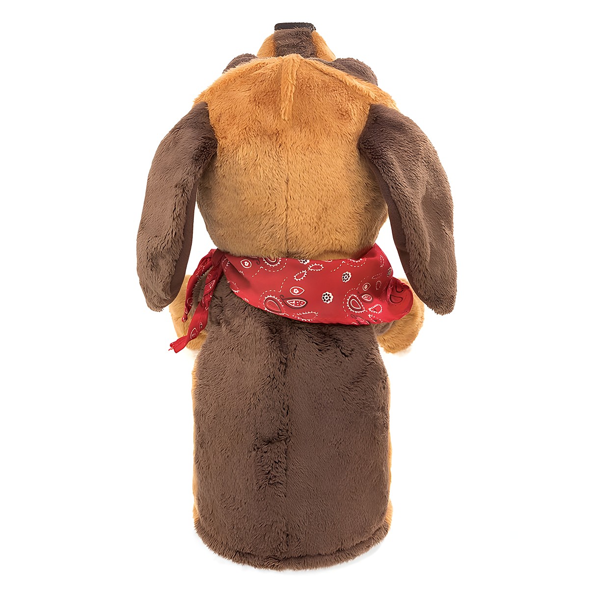 Folkmanis dog hand puppet seen from behind, brown plush fur with light brown back and red paisley neckerchief