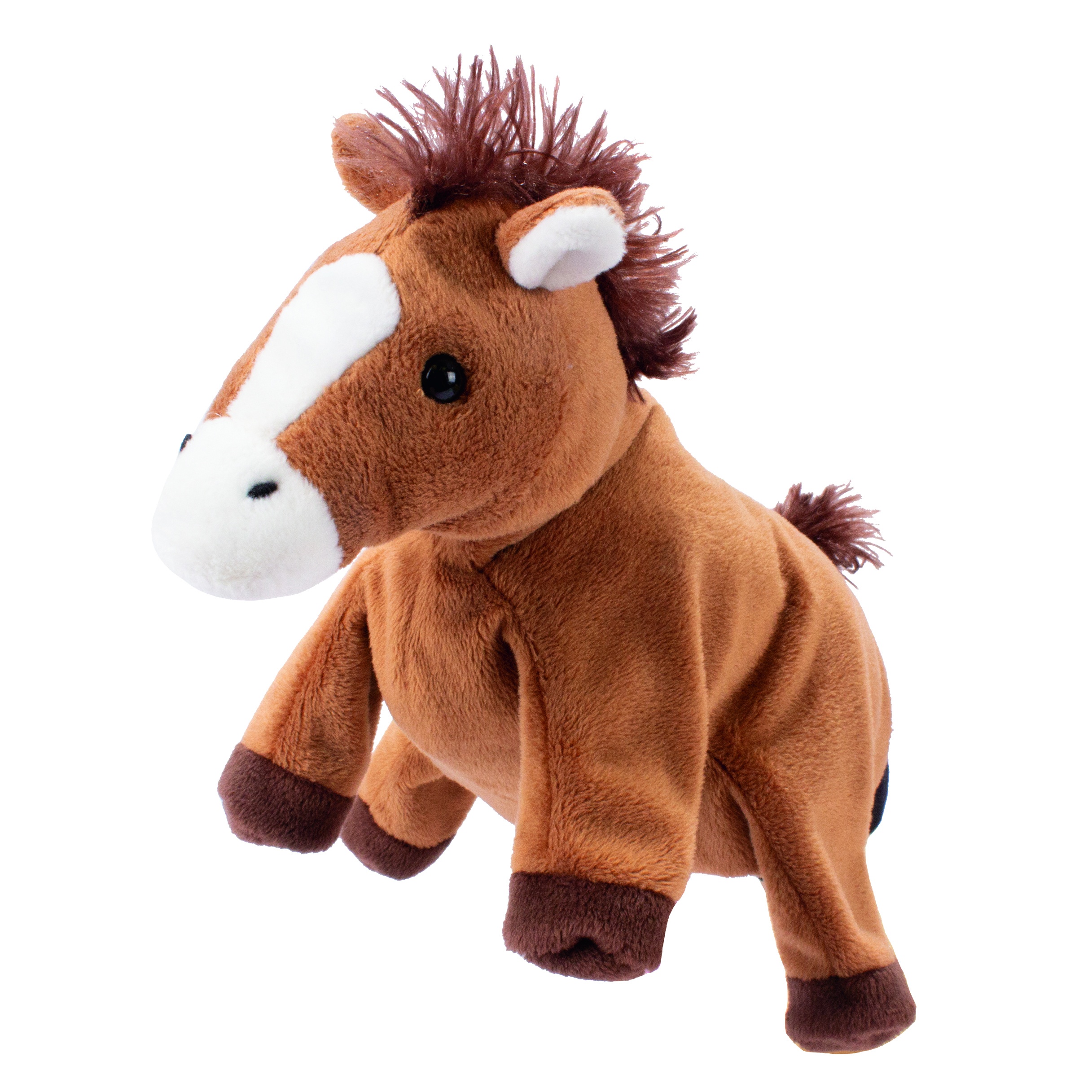 Beleduc hand puppet horse with brown fur, a white blaze and a dark red mane, running pose