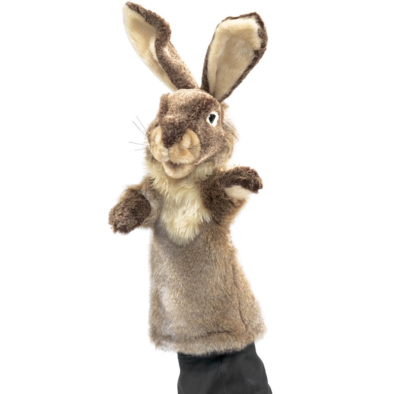 Folkmanis rabbit hand puppet in brown short-pile plush with long ears and paws, side view on white background