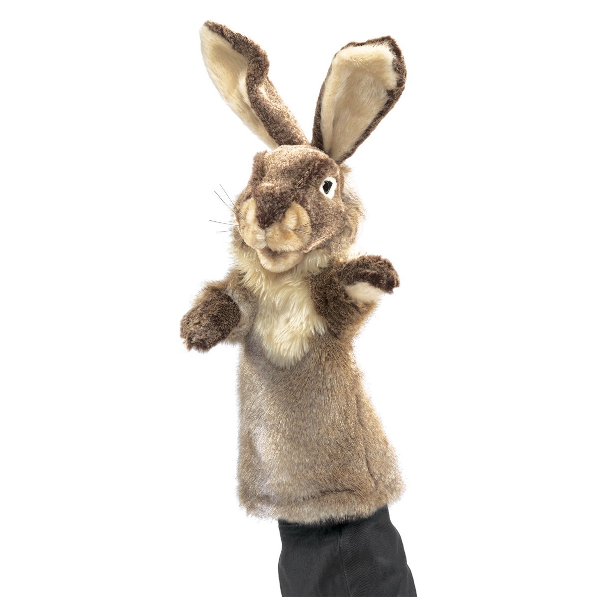 Folkmanis rabbit hand puppet in brown short-pile plush with long ears and paws, side view on white background