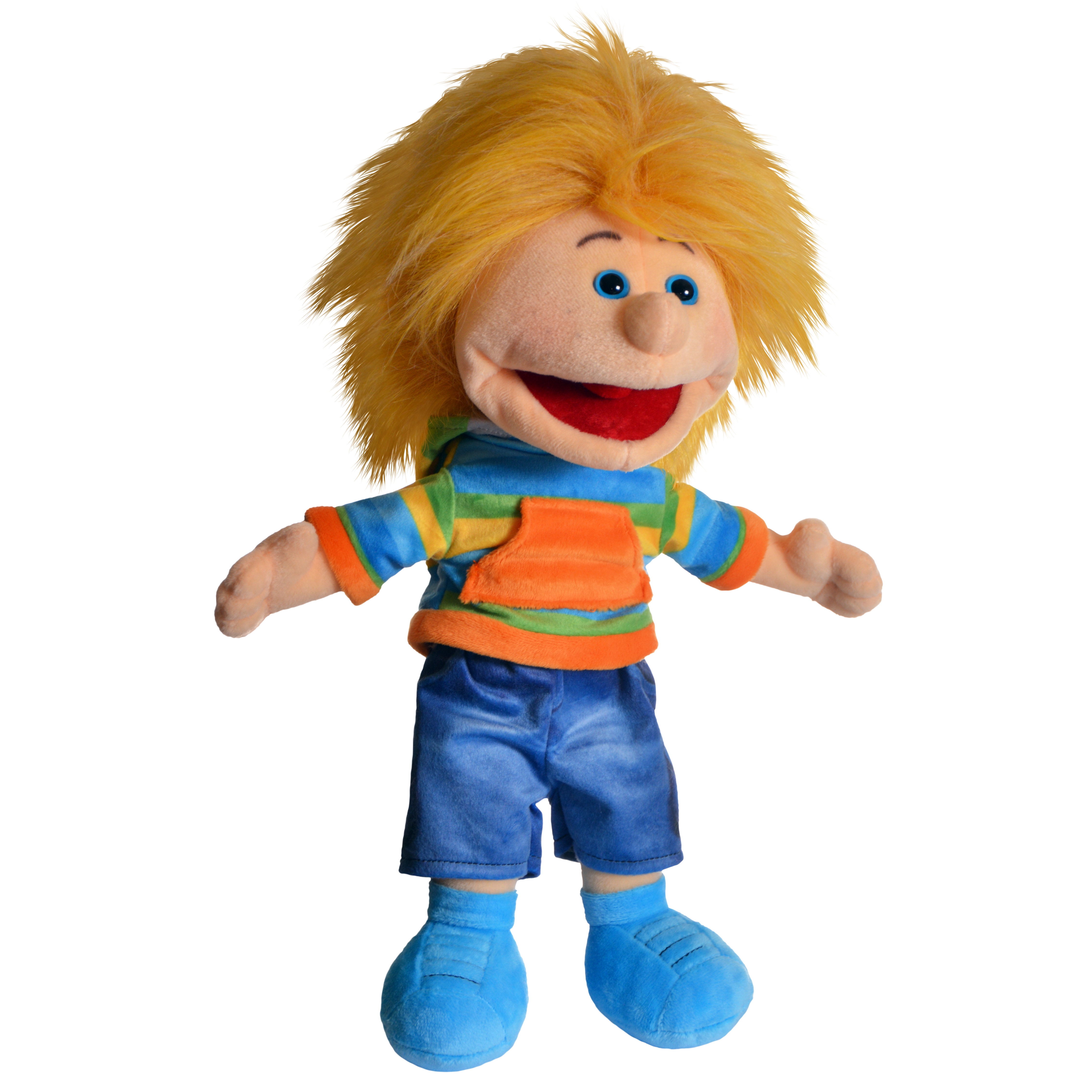 Living Puppets mini hand puppet Friedel with yellow tousled hair, striped shirt and blue shorts