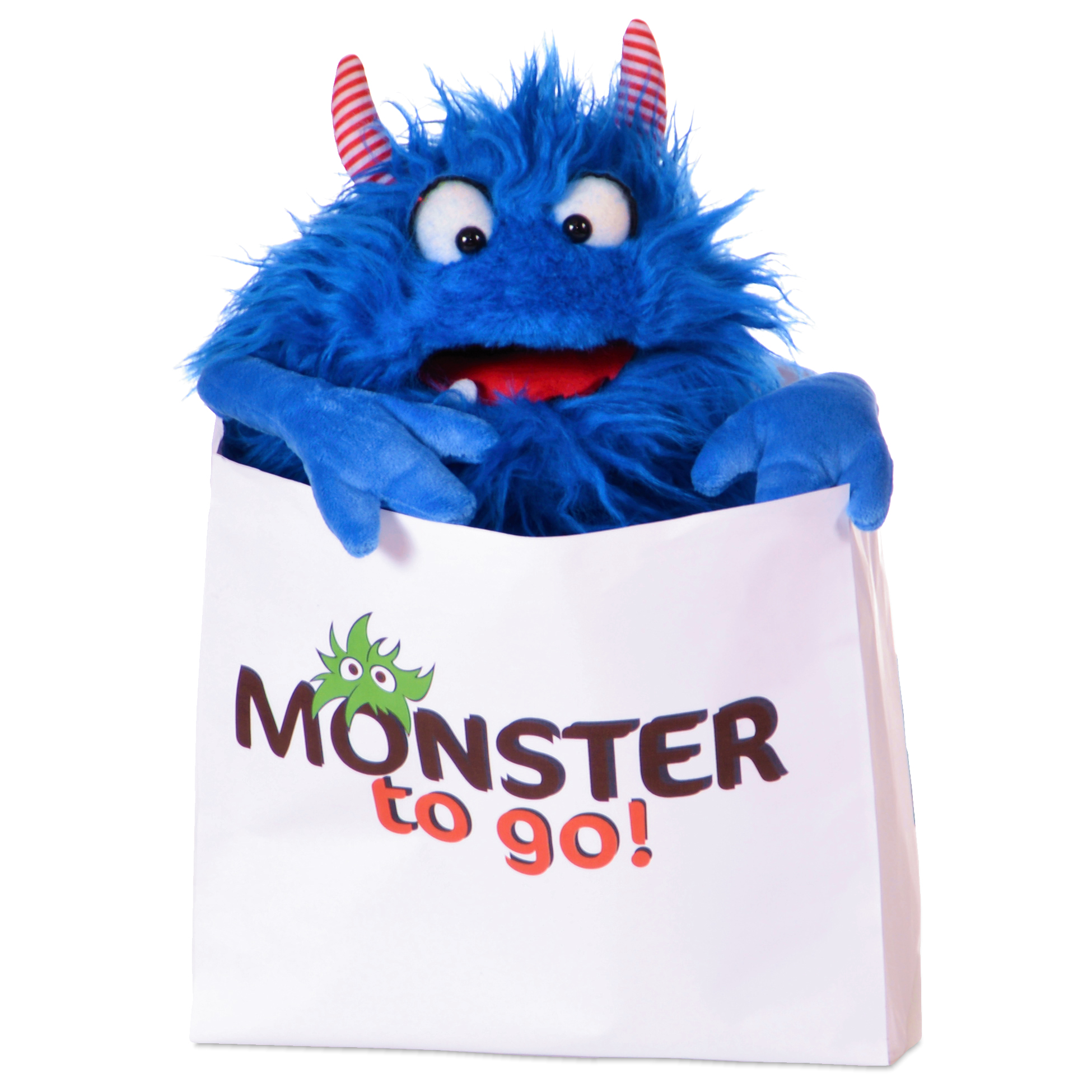 Living Puppets hand puppet Schmackes, blue shaggy monster with striped horns, peeking out of the Monster to go bag