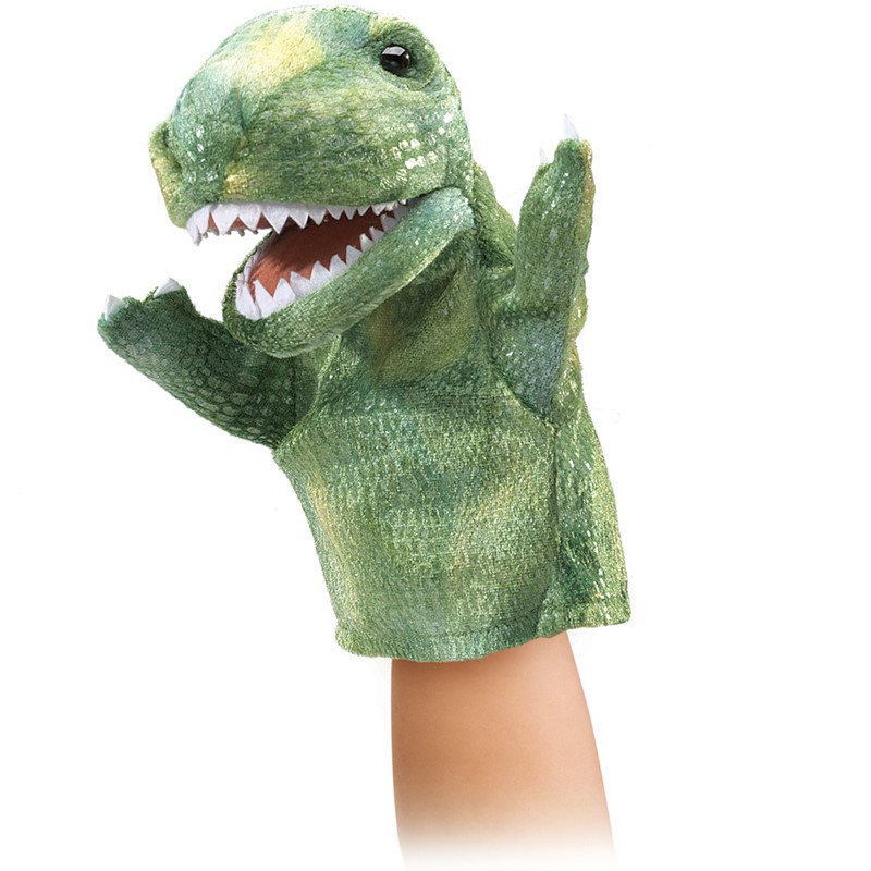 Folkmanis small T-Rex hand puppet in green with open mouth and claws, shown on a child's hand