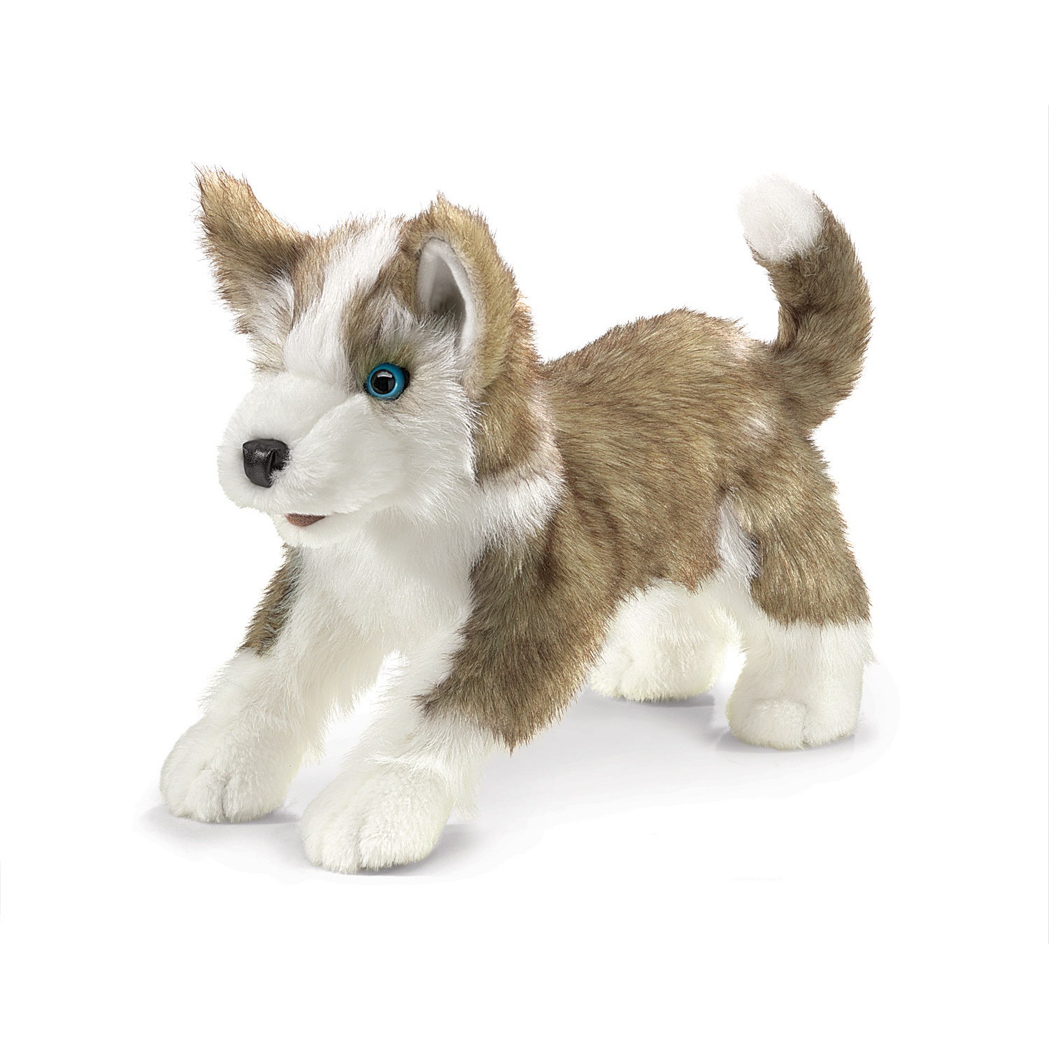 Folkmanis wolf pup hand puppet in brown and white with blue eyes, standing in side view