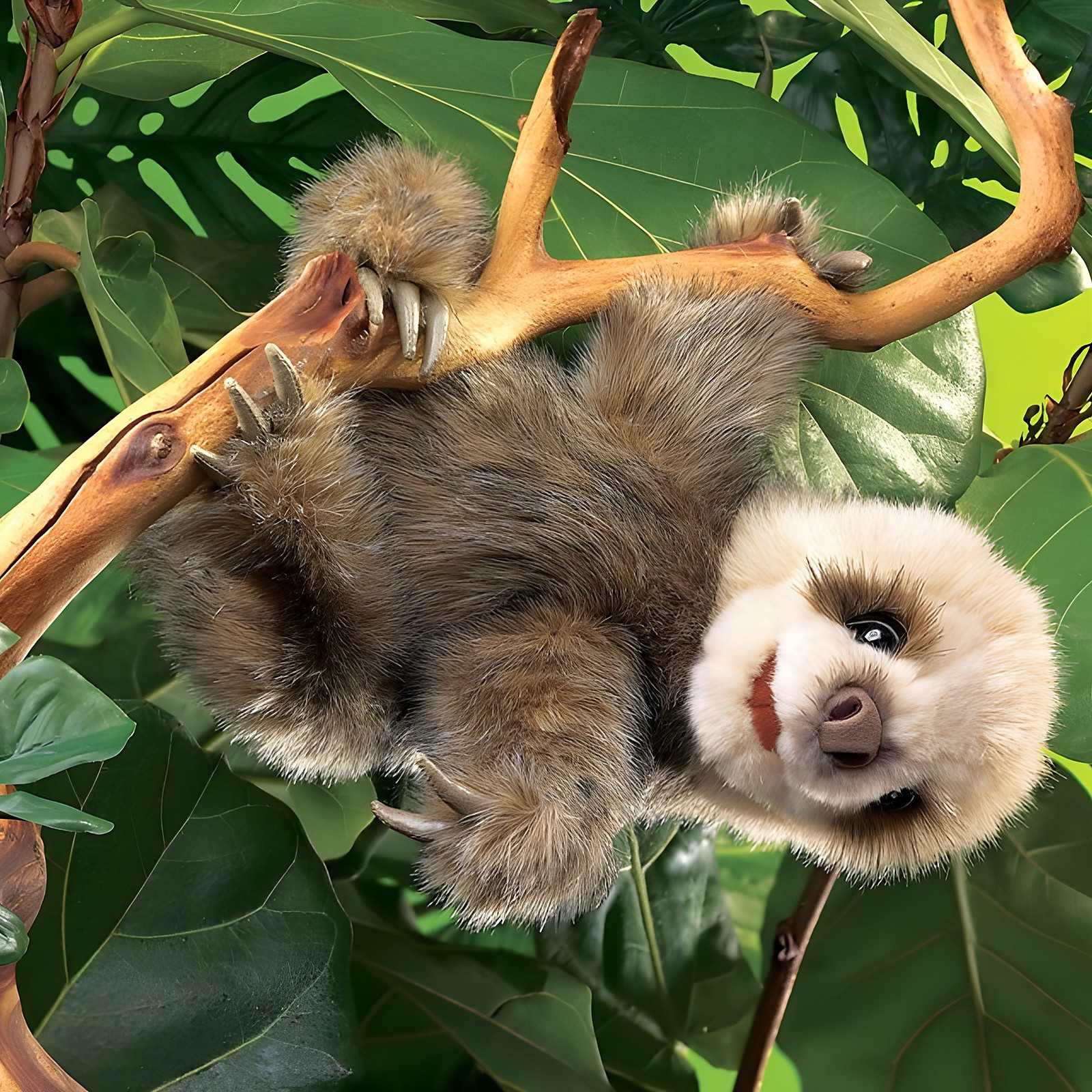 Folkmanis baby sloth hand puppet in brown plush hanging upside down from a branch among green leaves