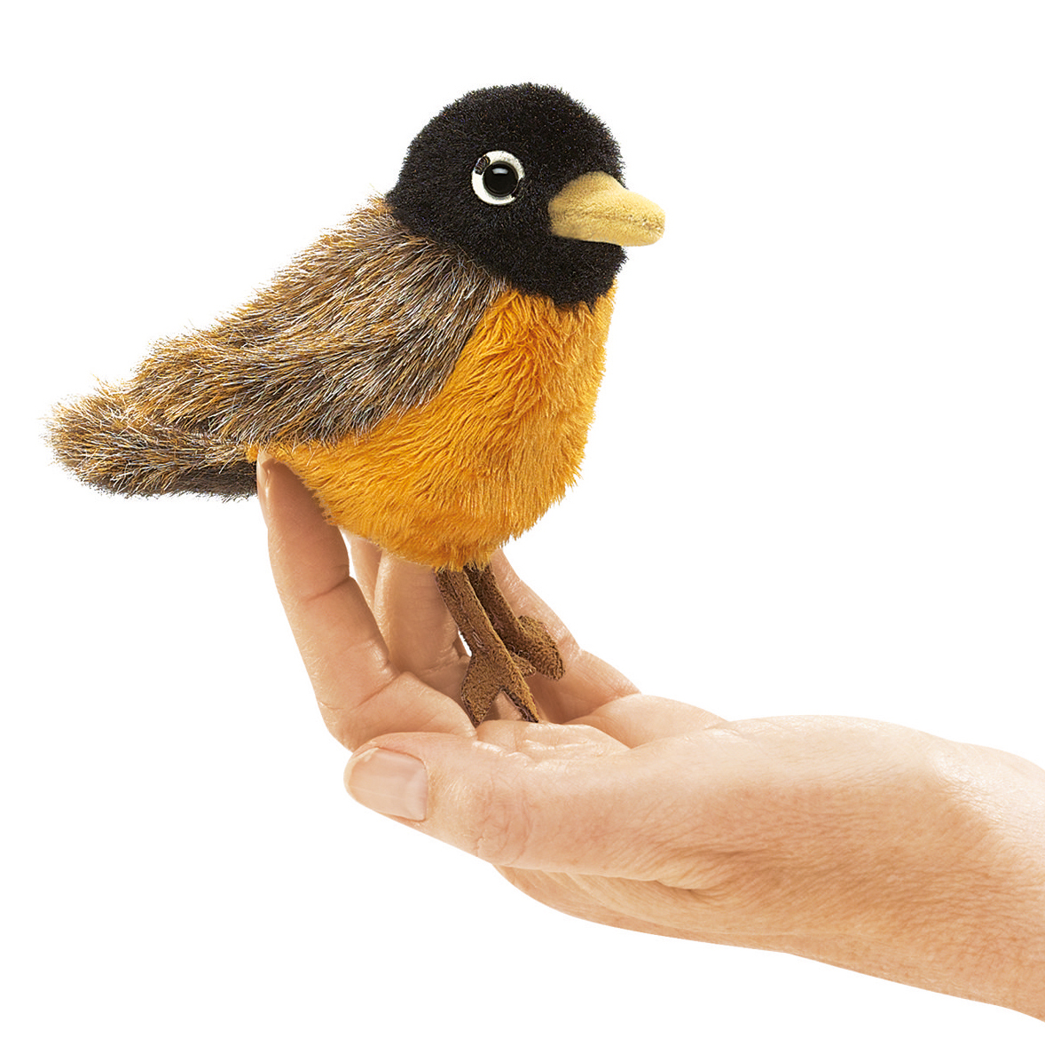 Folkmanis mini robin finger puppet with black head and orange breast sitting on an open hand