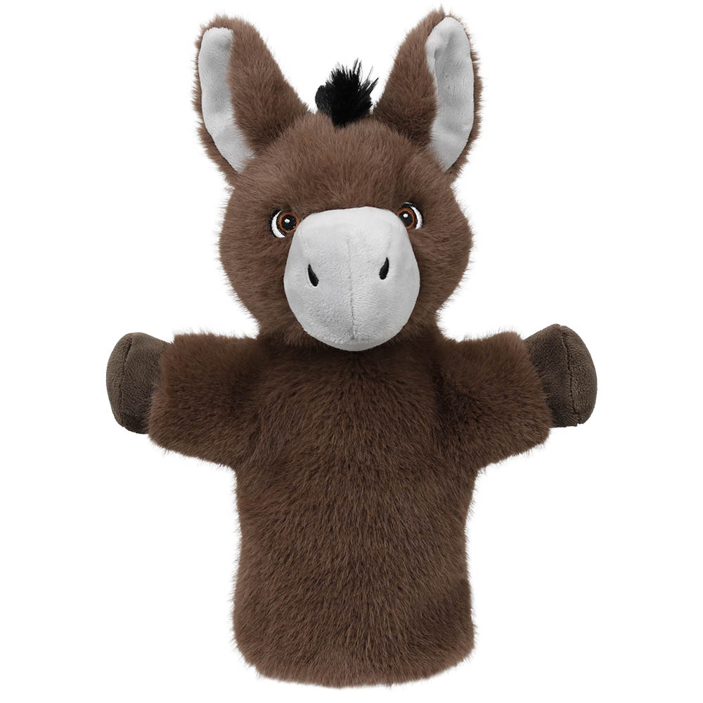 Puppet Company Puppet Buddies donkey hand puppet, brown plush figure with grey muzzle, long grey-lined ears and black mane, front view