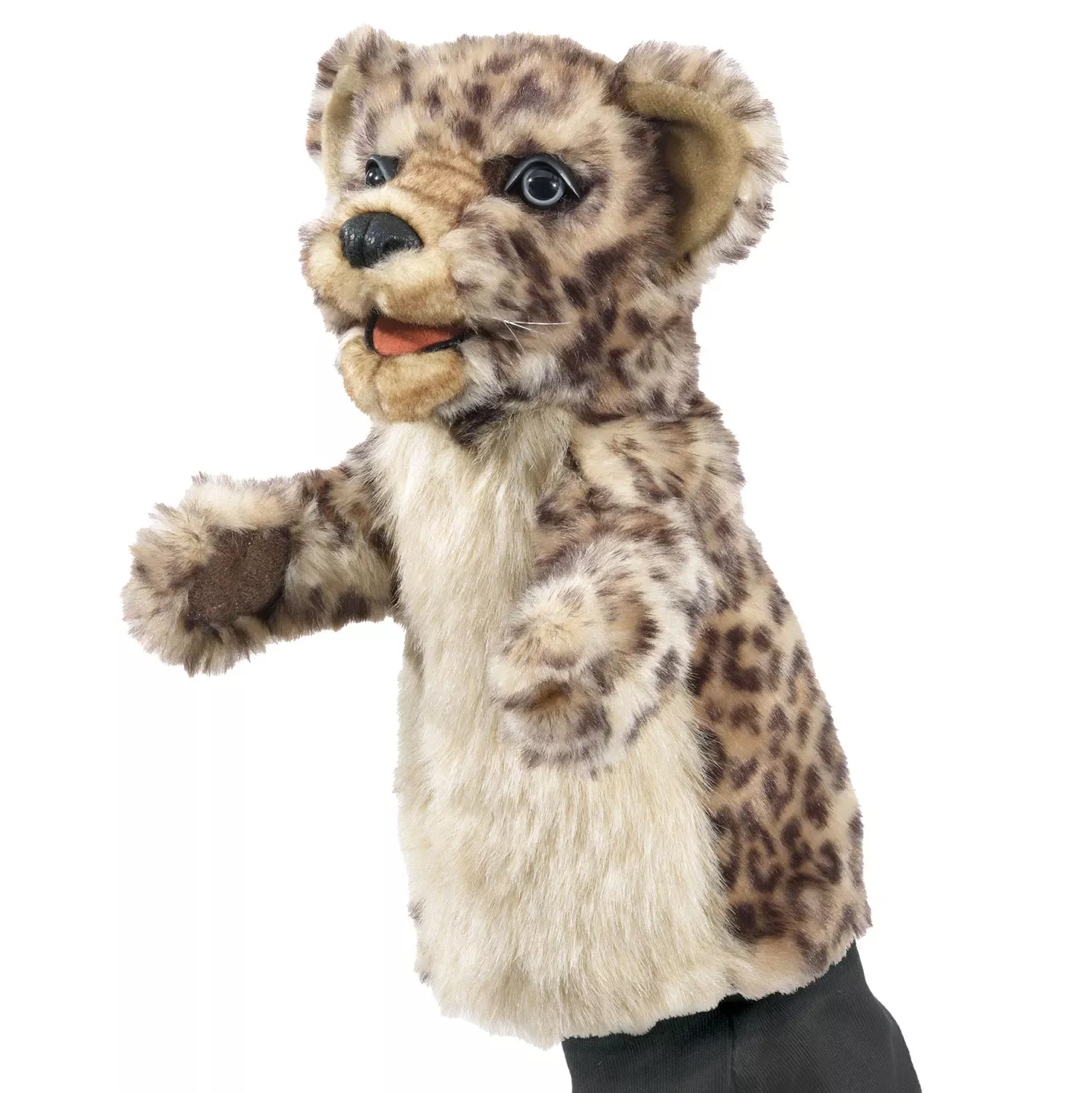 Folkmanis leopard cub hand puppet with spotted fur, open mouth and red tongue, side view on white background