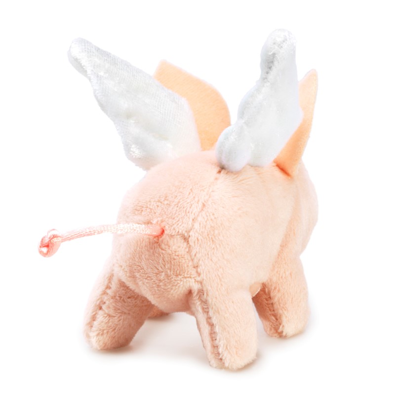 Folkmanis mini winged pig finger puppet in pink, rear view with silvery-white fabric wings and a pink curly tail