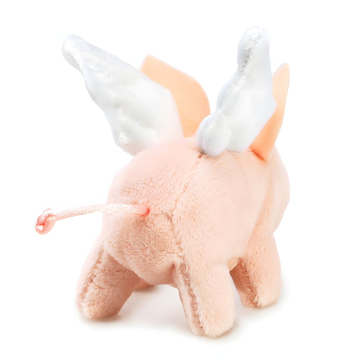 Folkmanis mini winged pig finger puppet in pink, rear view with silvery-white fabric wings and a pink curly tail