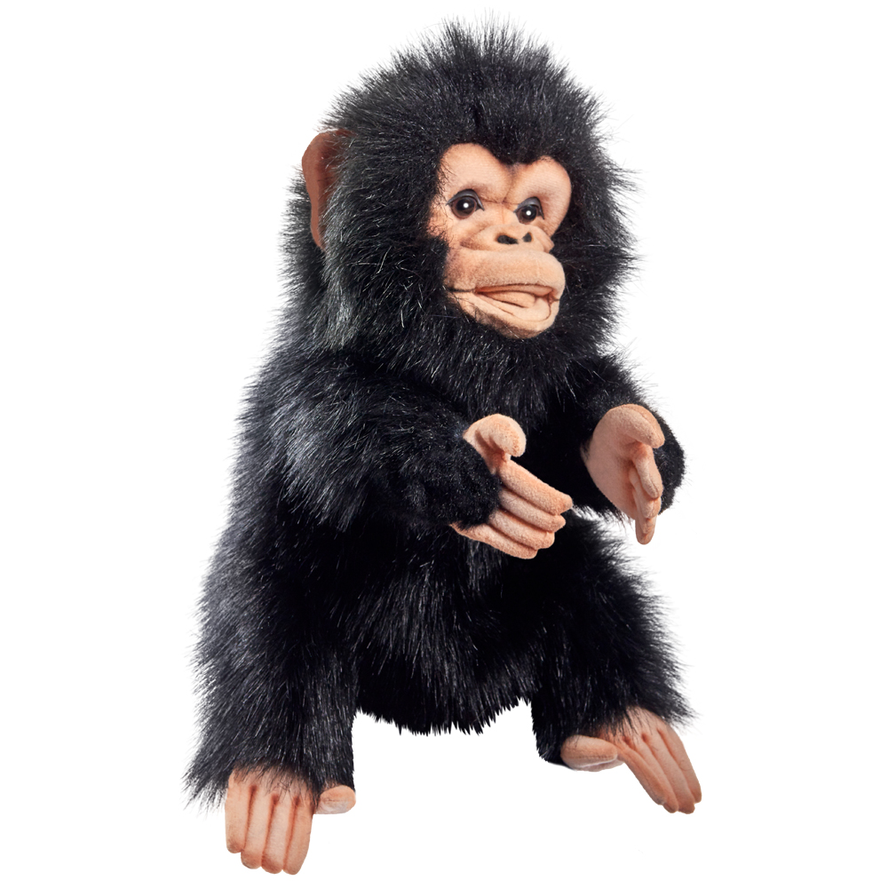 Chimpanzee hand puppet by Hansa Creation with black fur and a skin-coloured face, sitting