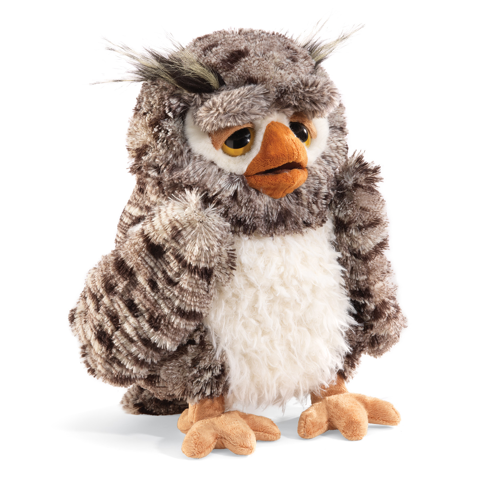 Folkmanis wise owl hand puppet with brown-grey patterned plumage, white belly and orange beak, front view