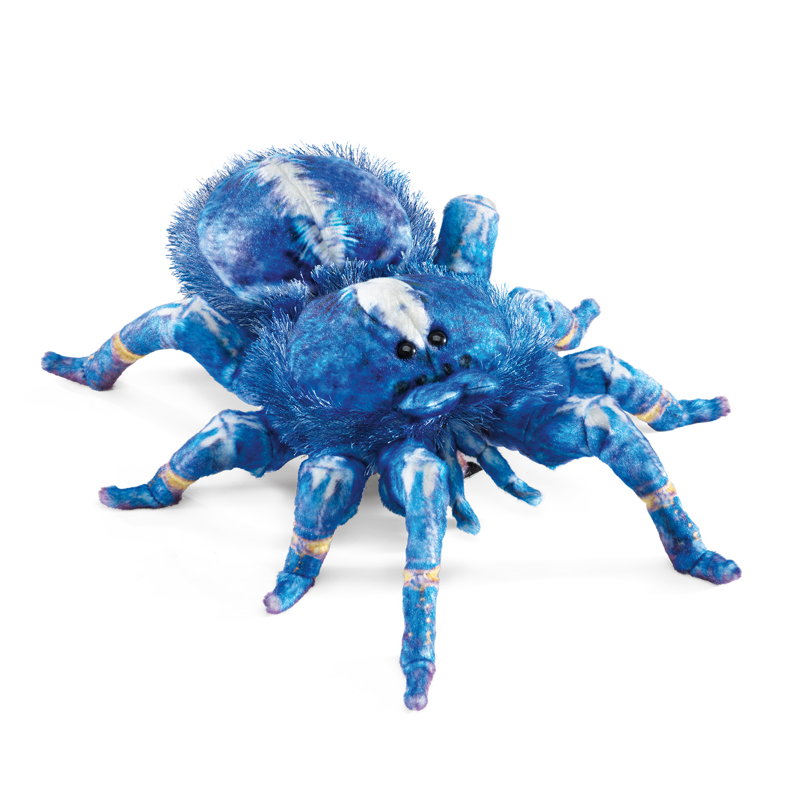 Folkmanis blue ornament tarantula hand puppet in vivid blue with white spots, yellow-purple leg joints and black eyes, angled view