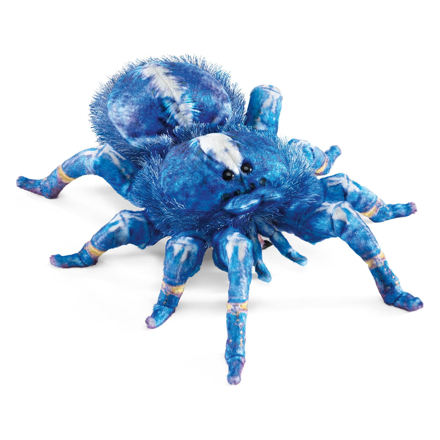 Folkmanis Blue Tarantula hand puppet in vivid blue with white spots, yellow-purple leg joints and black eyes, angled view