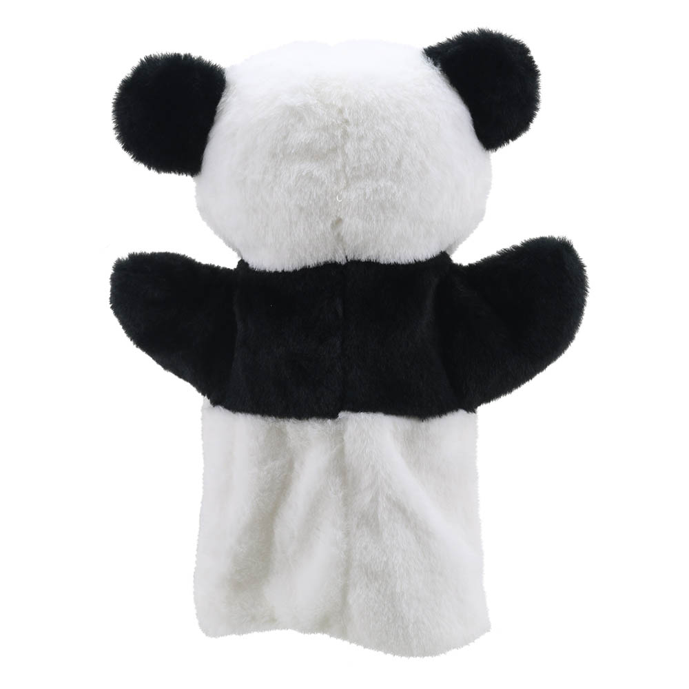 The Puppet Company baby hand puppet panda, black and white puppet seen from behind with black ears, back view