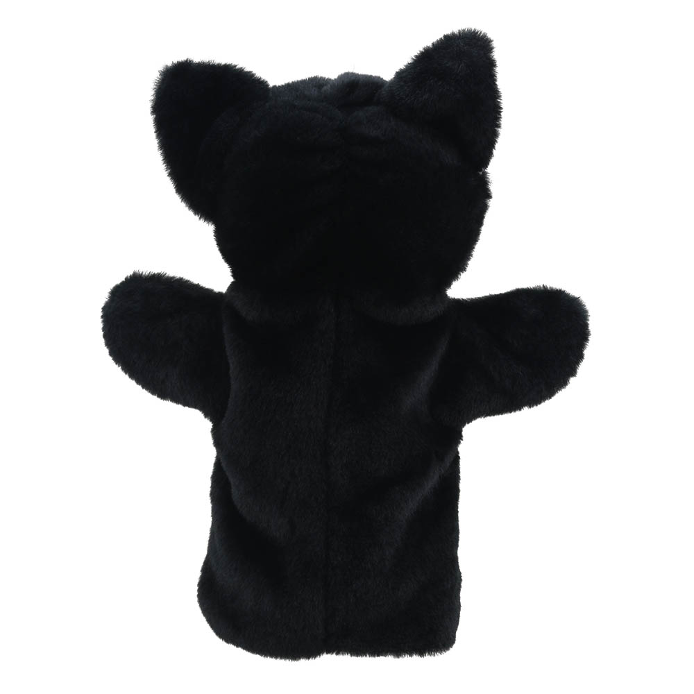 The Puppet Company baby hand puppet cat, black puppet seen from behind with pointed ears, back view
