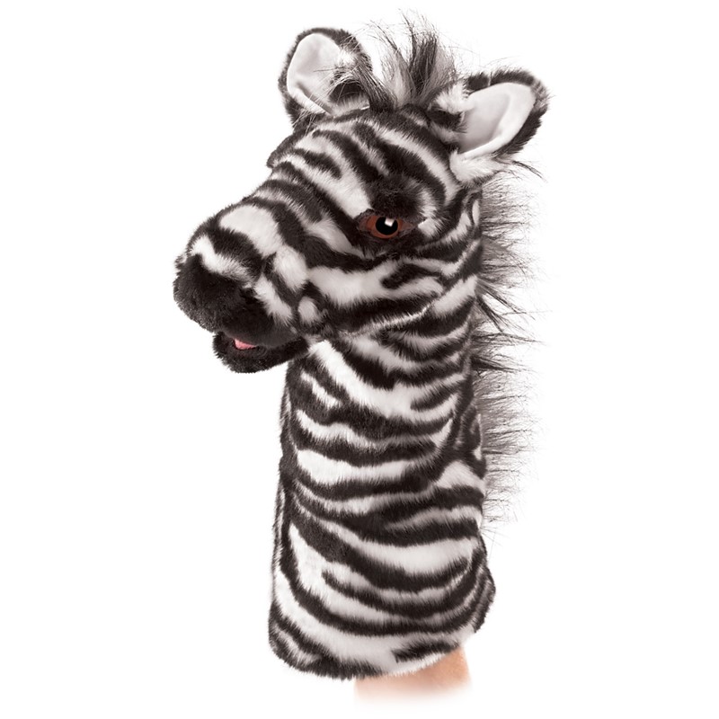Folkmanis zebra hand puppet with black-and-white stripe pattern, shaggy mane and movable mouth, side view