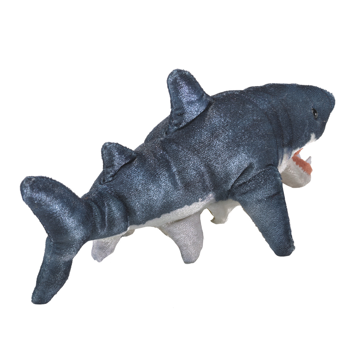 Folkmanis mini shark finger puppet in side view, blue-grey with a white belly and open mouth