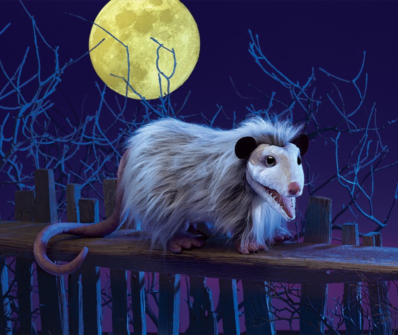 Folkmanis opossum hand puppet with open mouth and shaggy grey-white fur, perched on a wooden fence against a full moon backdrop