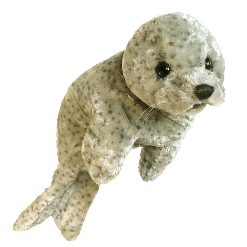 Folkmanis harbor seal baby hand puppet in light grey with dark brown spots, black glass eyes and whiskers, angled view