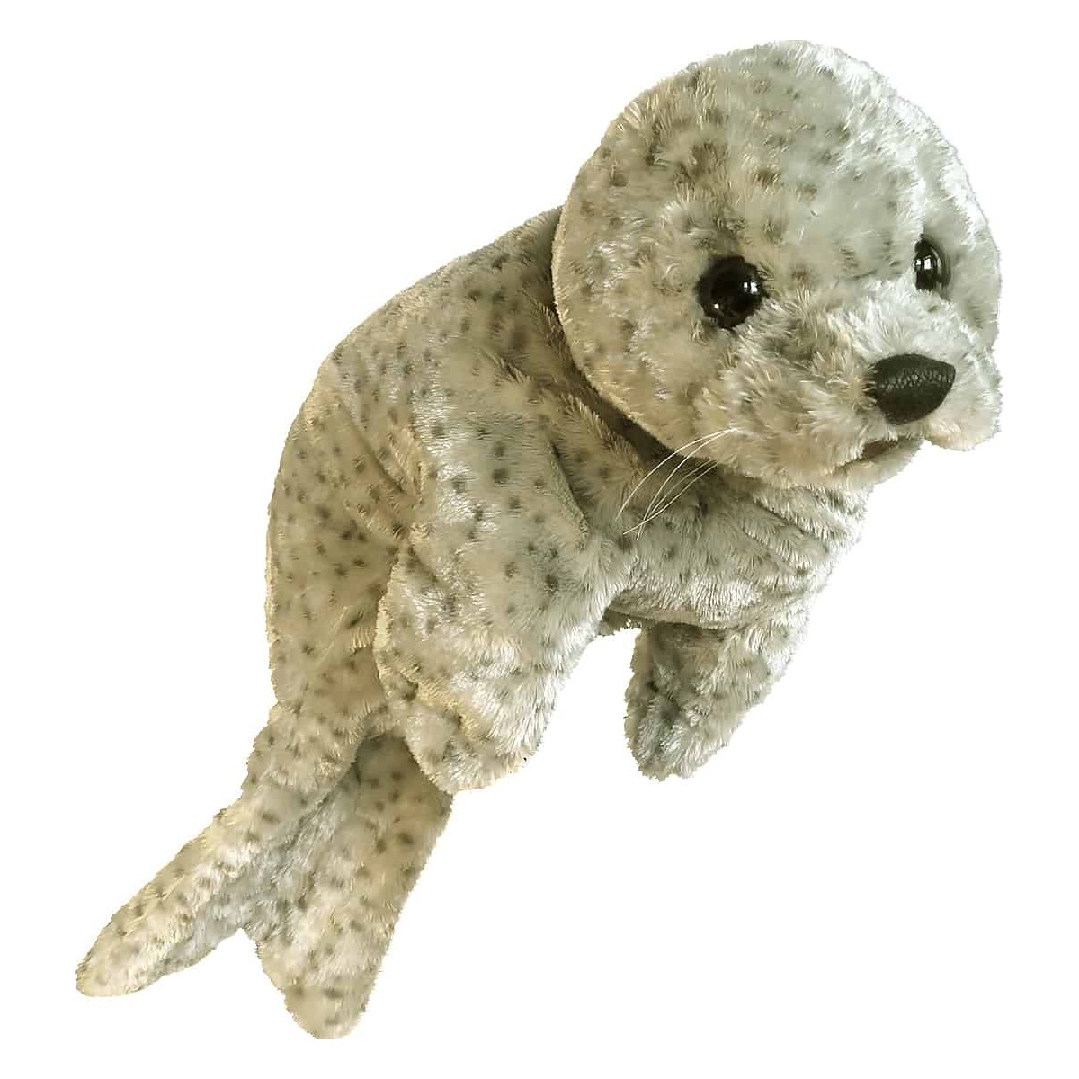 Folkmanis harbor seal baby hand puppet in light grey with dark brown spots, black glass eyes and whiskers, angled view