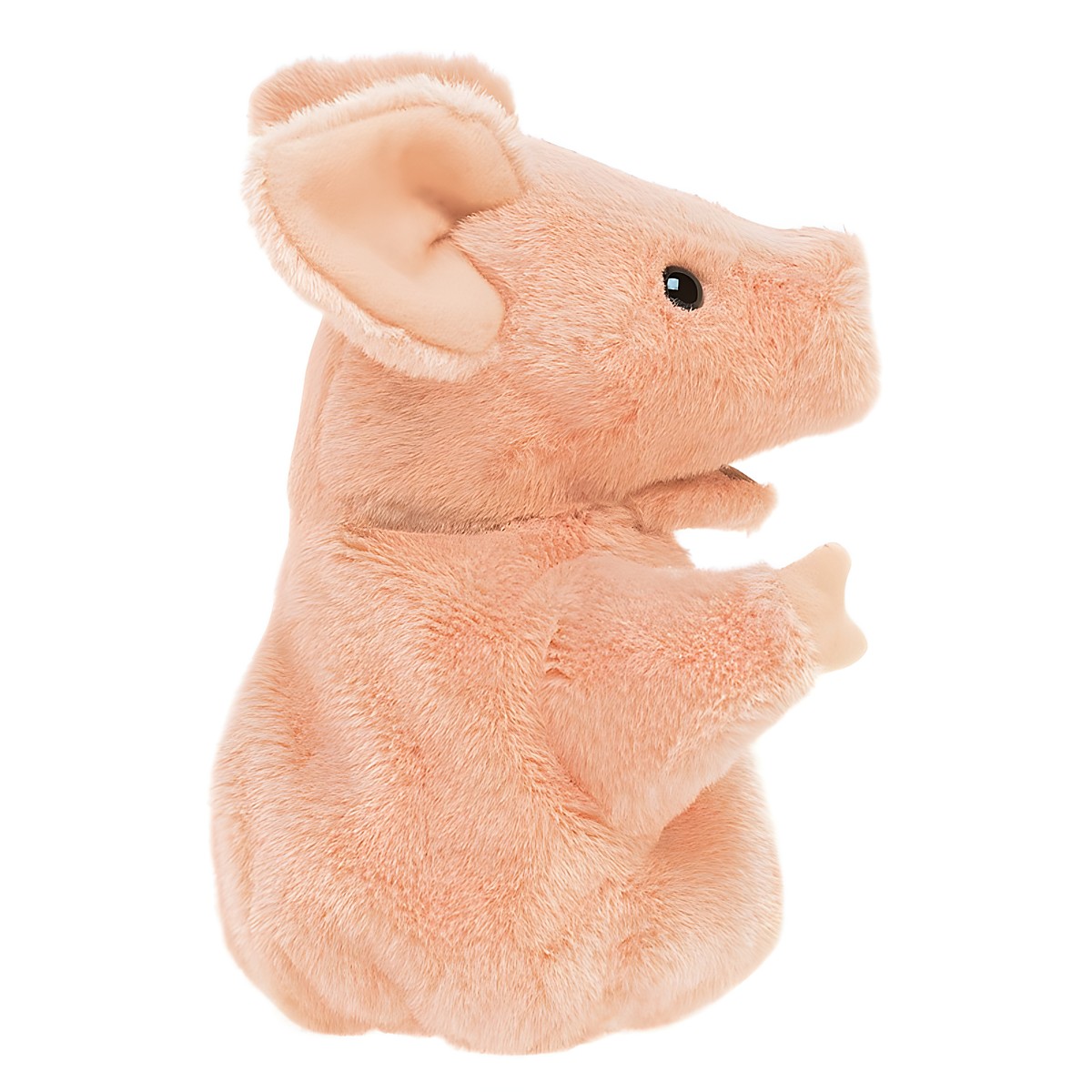 Folkmanis hand puppet small pig in pink plush, side view with visible front paws and large ears