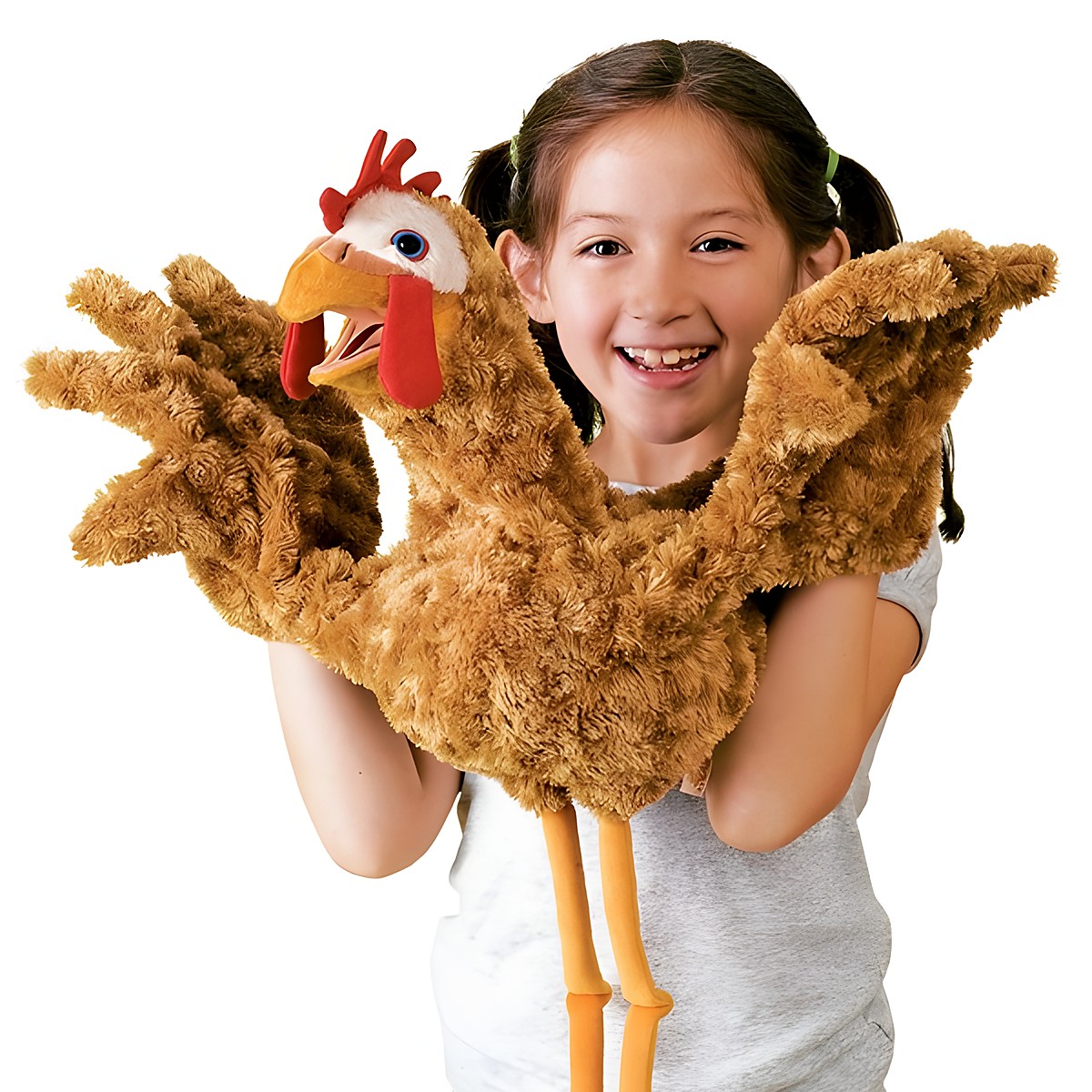 Girl operating a large Folkmanis chicken hand puppet with brown curly plush, red comb, and yellow legs using both hands
