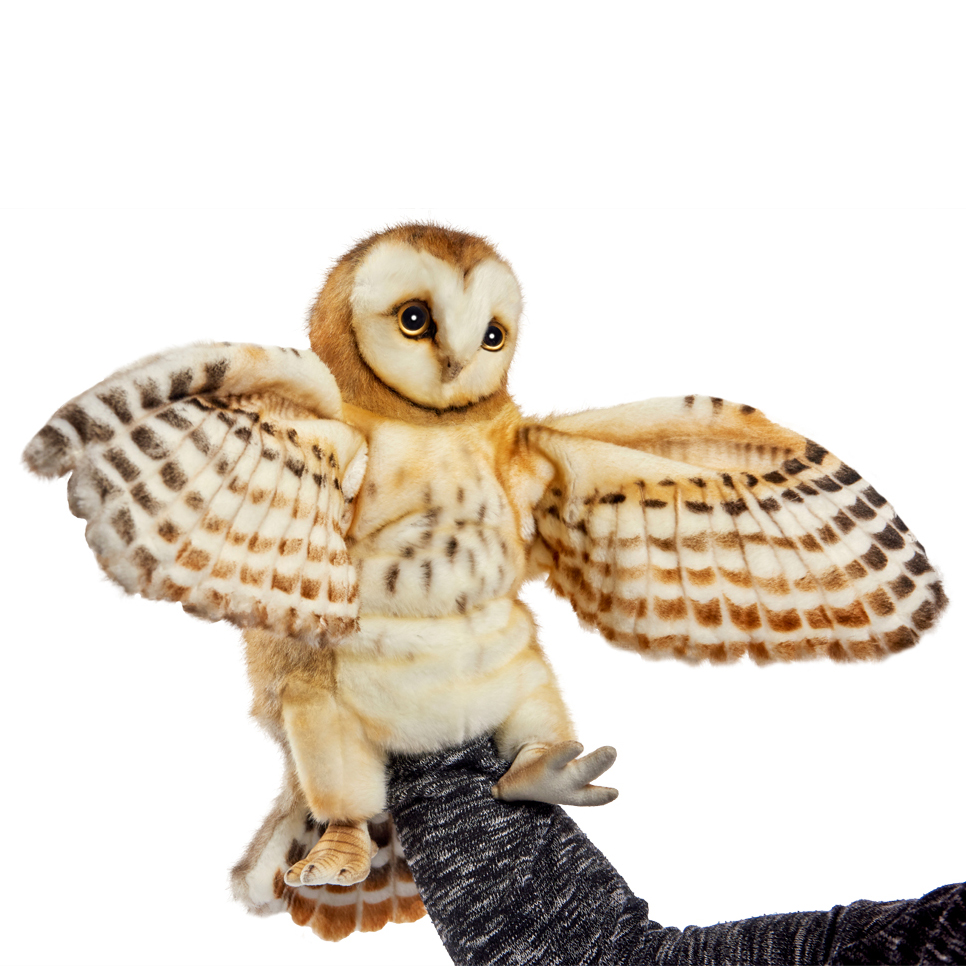Barn owl hand puppet by Hansa Creation with a heart-shaped facial disc and speckled spread wings
