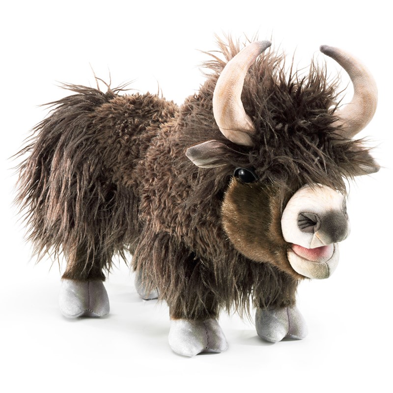 Folkmanis yak hand puppet with shaggy dark brown fur, curved horns and movable mouth, side view