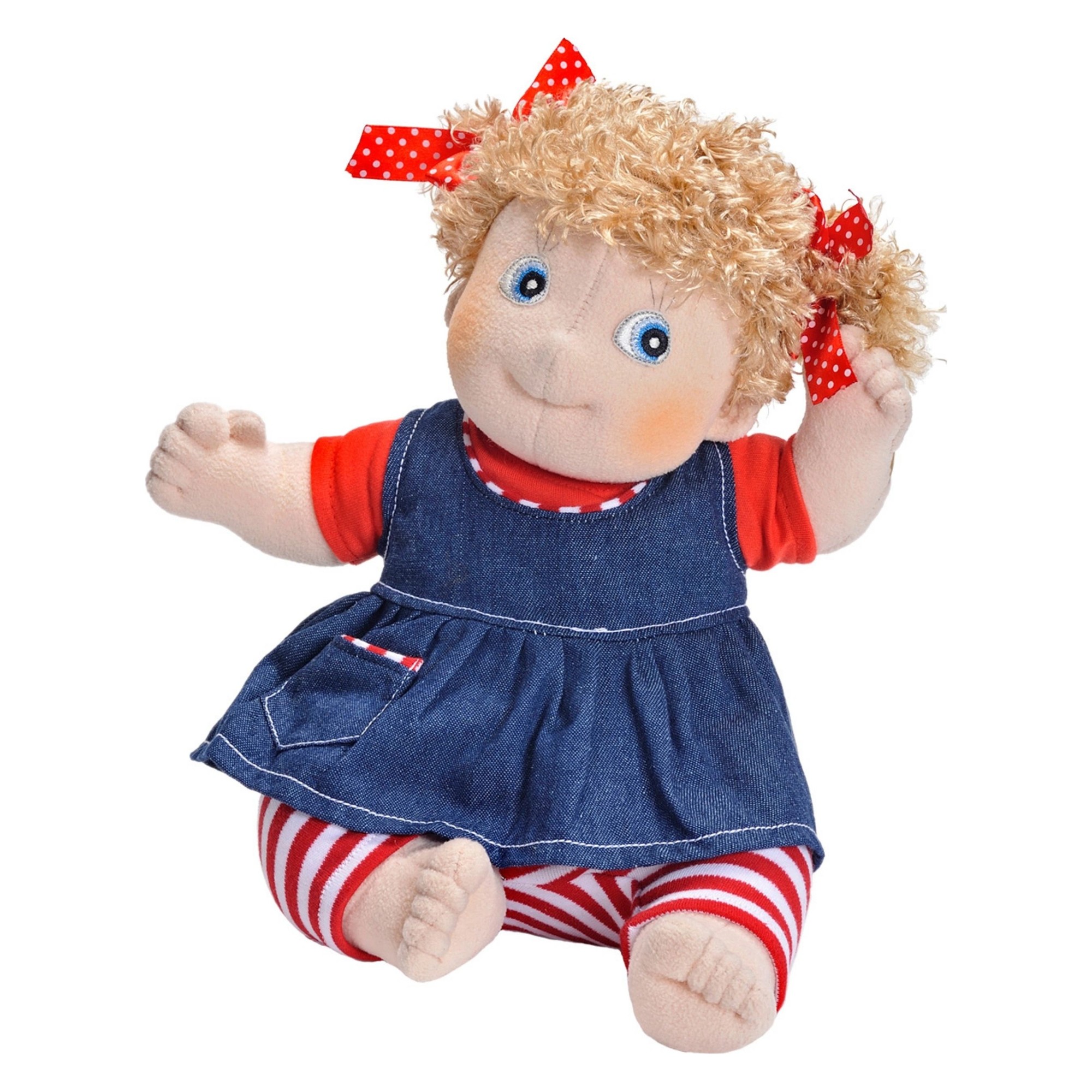 Rubens Kids doll Olivia with red hair bows, denim dress and red striped leggings