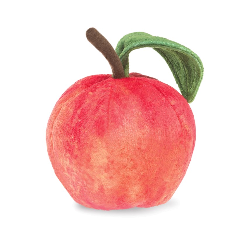 Folkmanis apple finger puppet in red plush with a green leaf and brown stem, shown at an angle