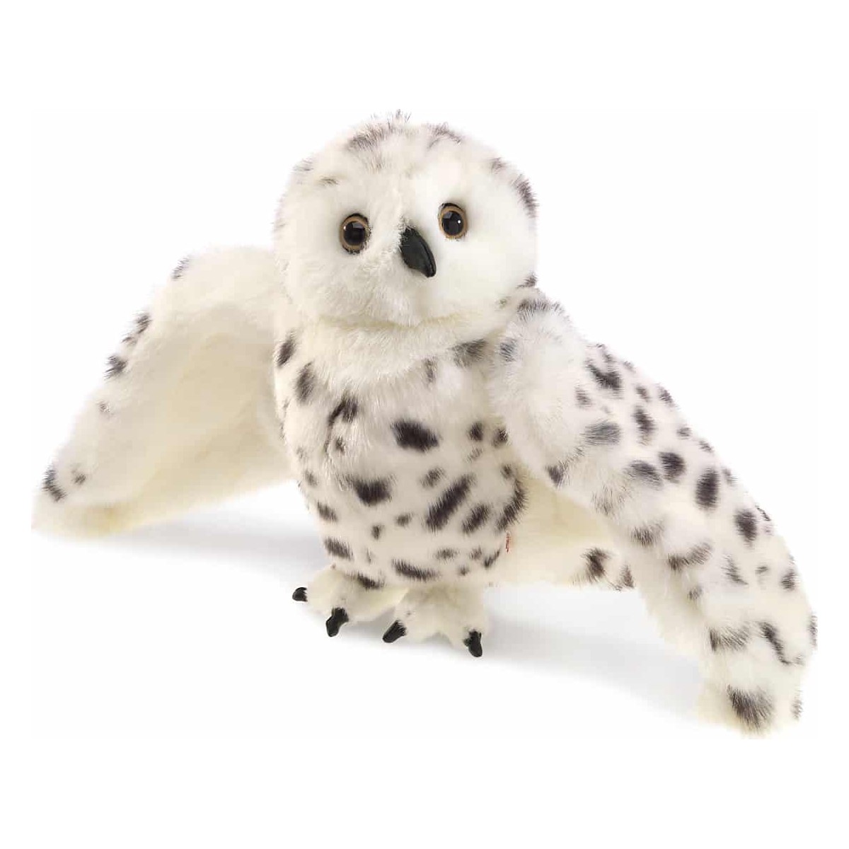 Folkmanis snowy owl hand puppet with spread wings, white plush with black spots and amber glass eyes