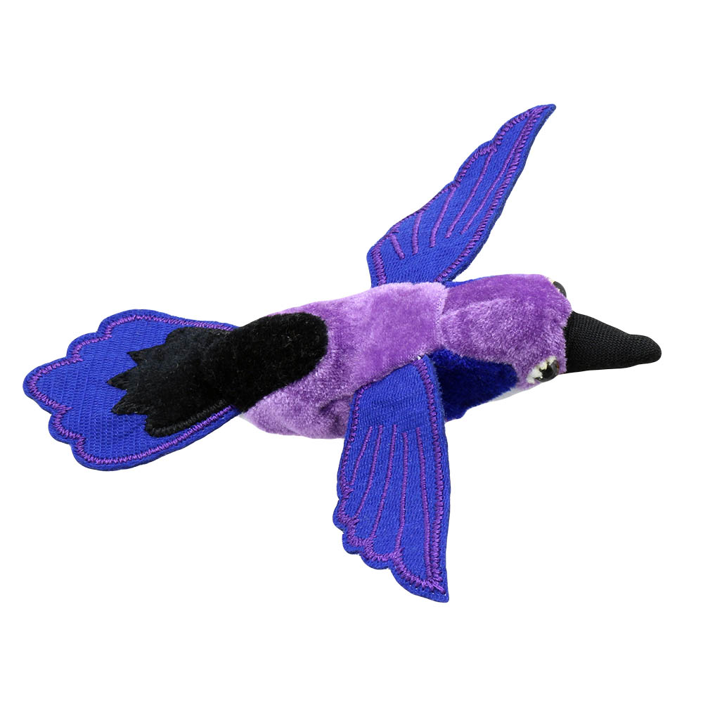 The Puppet Company finger puppet hummingbird, purple bird with blue wings and black head, flying pose