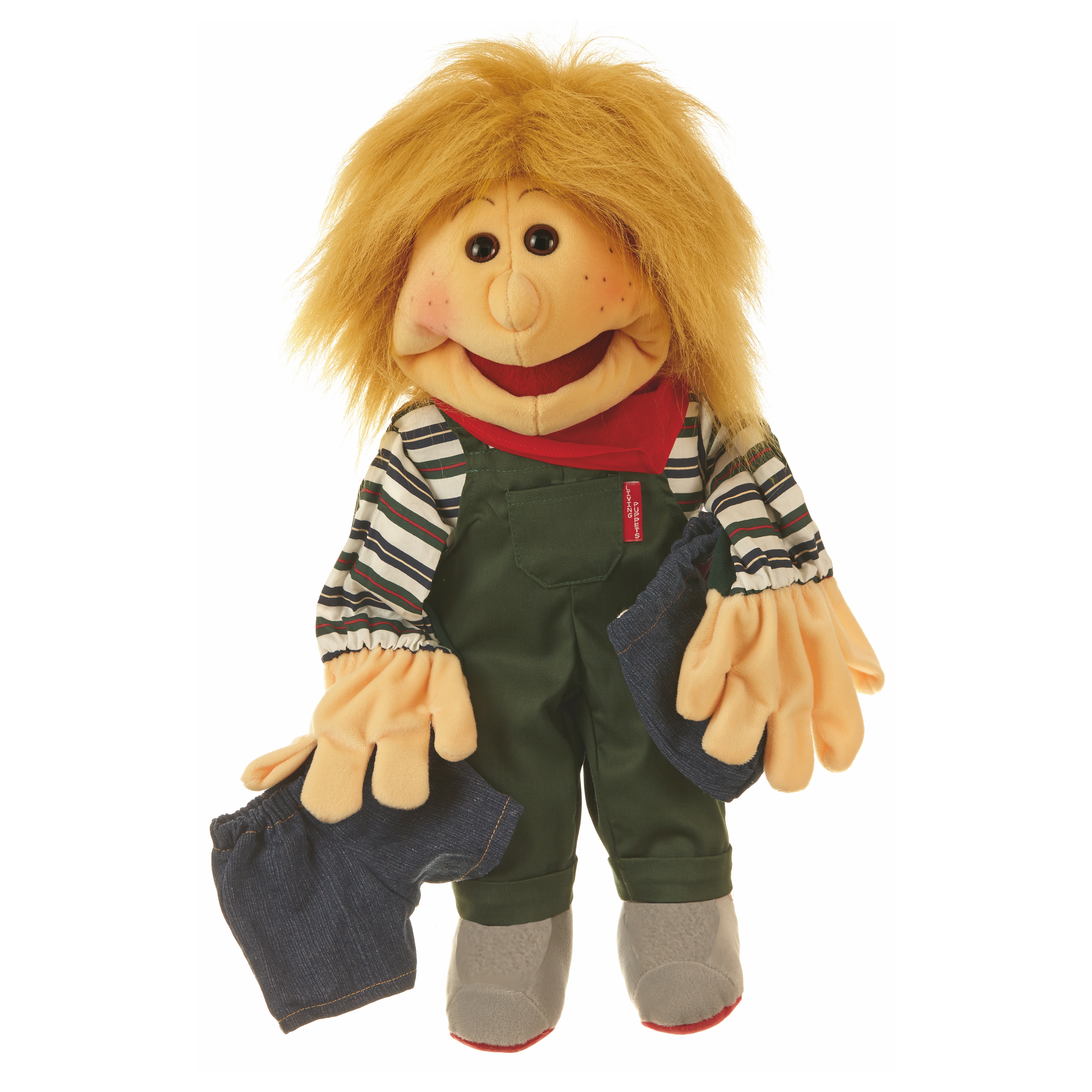 Living Puppets hand puppet Little Pelle with shaggy blonde hair, green dungarees, striped shirt and a red neckerchief